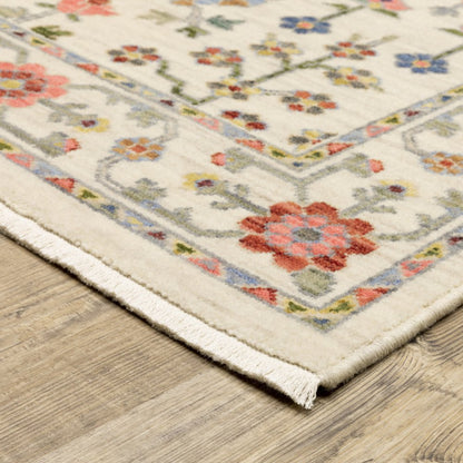 5' X 8' Ivory Blue And Red Oriental Area Rug With Fringe
