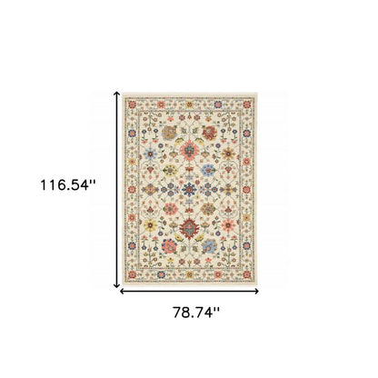 6' X 9' Ivory Salmon Pink Gold Blues Grey Rust And Green Oriental Power Loom Stain Resistant Area Rug With Fringe