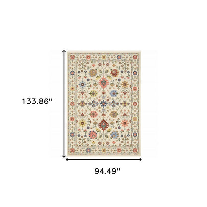 8' X 11' Ivory Salmon Pink Gold Blues Grey Rust And Green Oriental Power Loom Stain Resistant Area Rug With Fringe