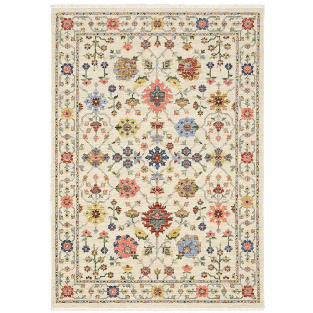 8' X 11' Ivory Salmon Pink Gold Blues Grey Rust And Green Oriental Power Loom Stain Resistant Area Rug With Fringe