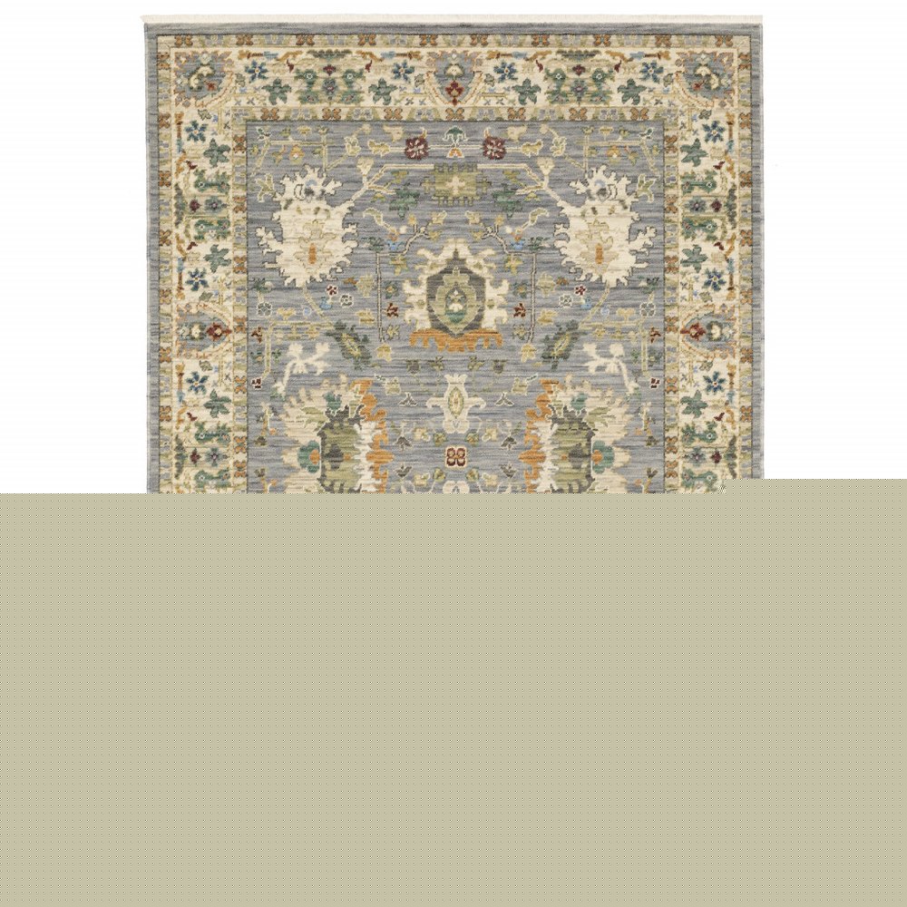 2' X 3' Grey Ivory Orange Teal Green Charcoal Blue And Red Oriental Power Loom Stain Resistant Area Rug With Fringe