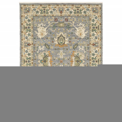 2' X 3' Grey Ivory Orange Teal Green Charcoal Blue And Red Oriental Power Loom Stain Resistant Area Rug With Fringe