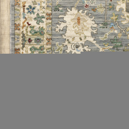 2' X 3' Grey Ivory Orange Teal Green Charcoal Blue And Red Oriental Power Loom Stain Resistant Area Rug With Fringe