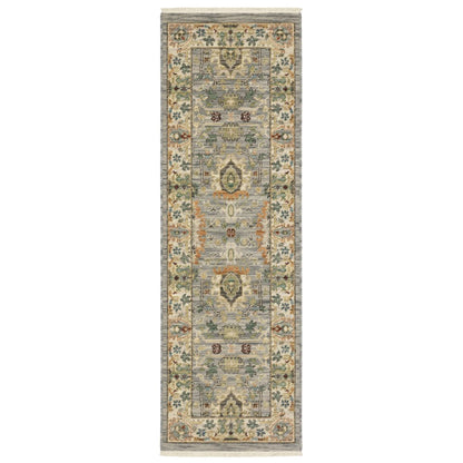 2' X 6' Grey Ivory Orange Teal Green Charcoal Blue And Red Oriental Power Loom Stain Resistant Runner Rug With Fringe