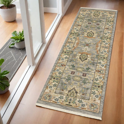 2' X 6' Grey Ivory Orange Teal Green Charcoal Blue And Red Oriental Power Loom Stain Resistant Runner Rug With Fringe