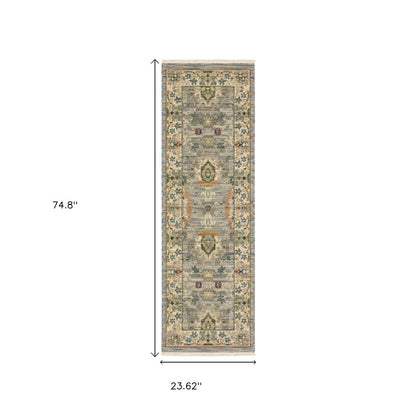 2' X 6' Grey Ivory Orange Teal Green Charcoal Blue And Red Oriental Power Loom Stain Resistant Runner Rug With Fringe
