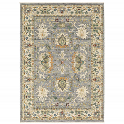 3' X 5' Grey Ivory Orange Teal Green Charcoal Blue And Red Oriental Power Loom Stain Resistant Area Rug With Fringe