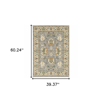 3' X 5' Grey Ivory Orange Teal Green Charcoal Blue And Red Oriental Power Loom Stain Resistant Area Rug With Fringe