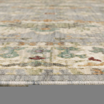 3' X 5' Grey Ivory Orange Teal Green Charcoal Blue And Red Oriental Power Loom Stain Resistant Area Rug With Fringe