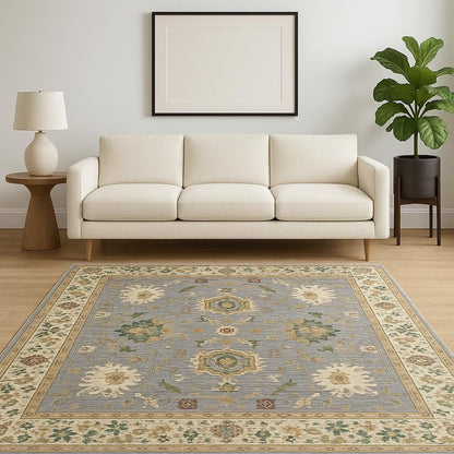 5' X 8' Blue And Ivory Oriental Power Loom Stain Resistant Area Rug With Fringe