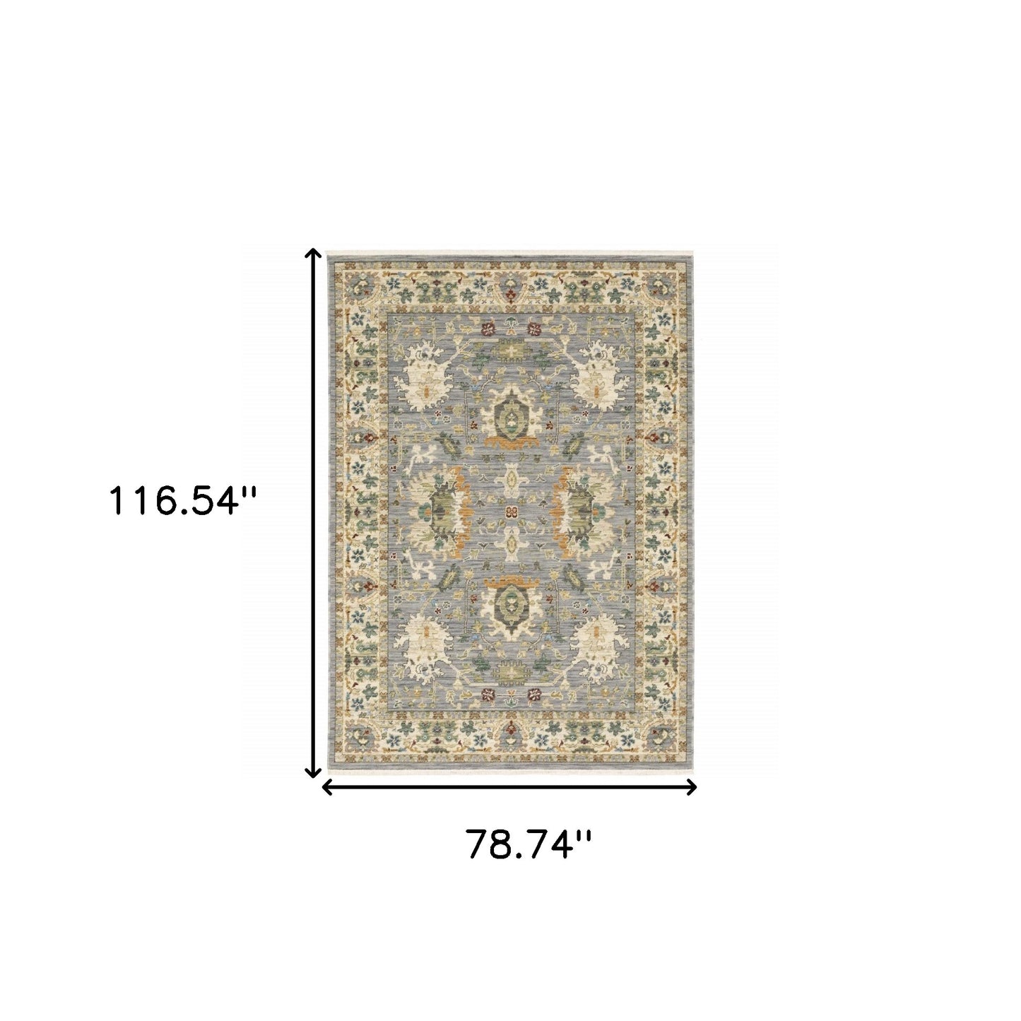 6' X 9' Grey Ivory Orange Teal Green Charcoal Blue And Red Oriental Power Loom Stain Resistant Area Rug With Fringe