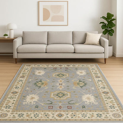6' X 9' Grey Ivory Orange Teal Green Charcoal Blue And Red Oriental Power Loom Stain Resistant Area Rug With Fringe