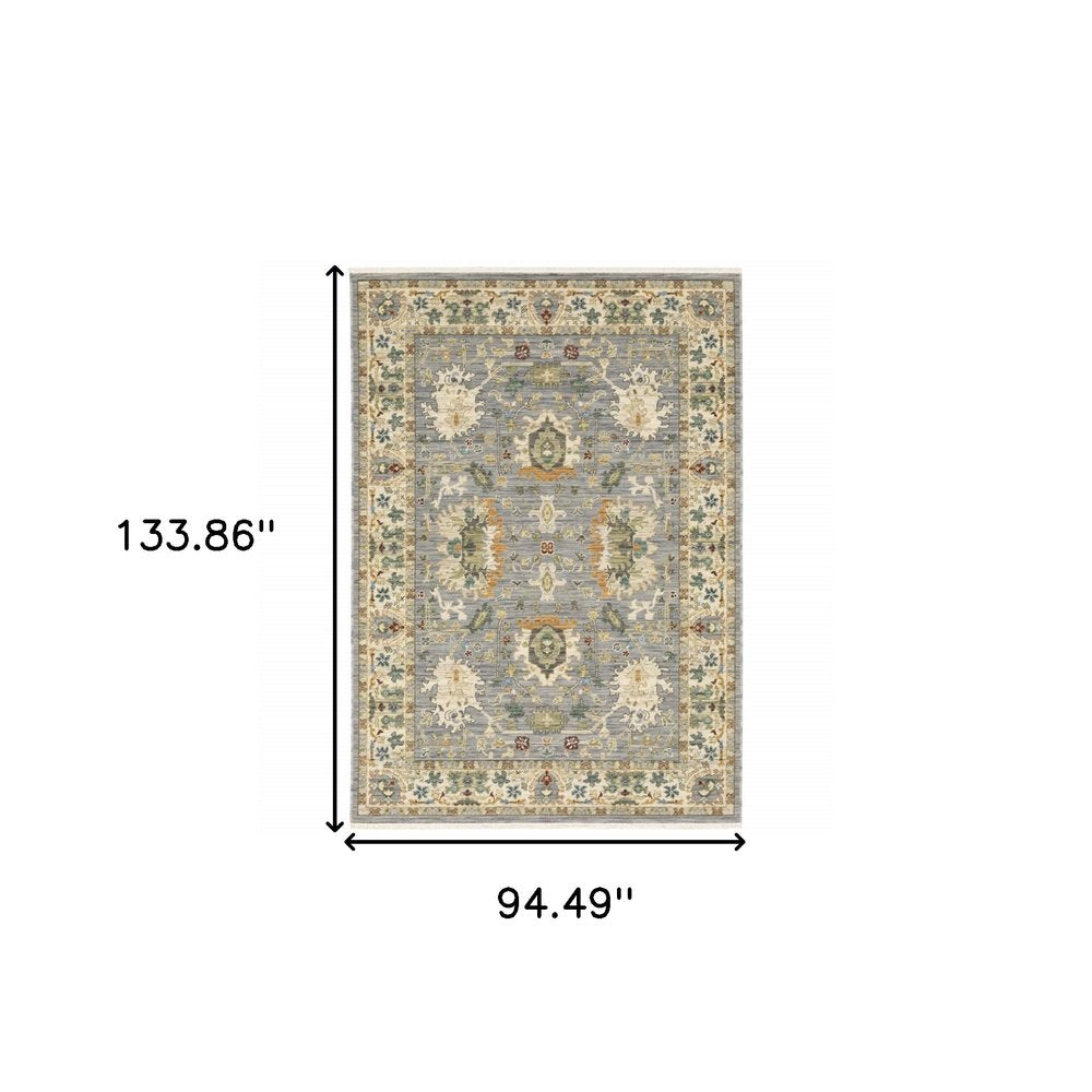8' X 11' Grey Ivory Orange Teal Green Charcoal Blue And Red Oriental Power Loom Stain Resistant Area Rug With Fringe