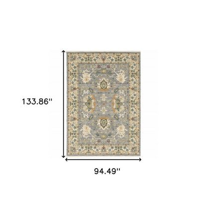 8' X 11' Grey Ivory Orange Teal Green Charcoal Blue And Red Oriental Power Loom Stain Resistant Area Rug With Fringe