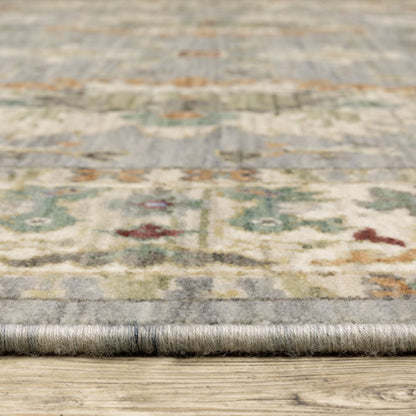 8' X 11' Grey Ivory Orange Teal Green Charcoal Blue And Red Oriental Power Loom Stain Resistant Area Rug With Fringe