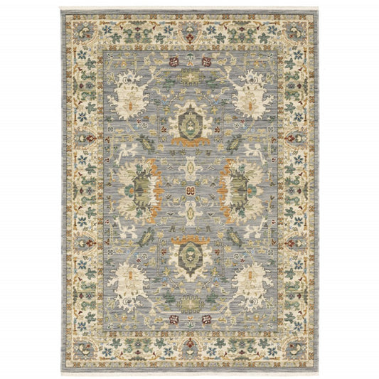 10' X 13' Grey Ivory Orange Teal Green Charcoal Blue And Red Oriental Power Loom Stain Resistant Area Rug With Fringe