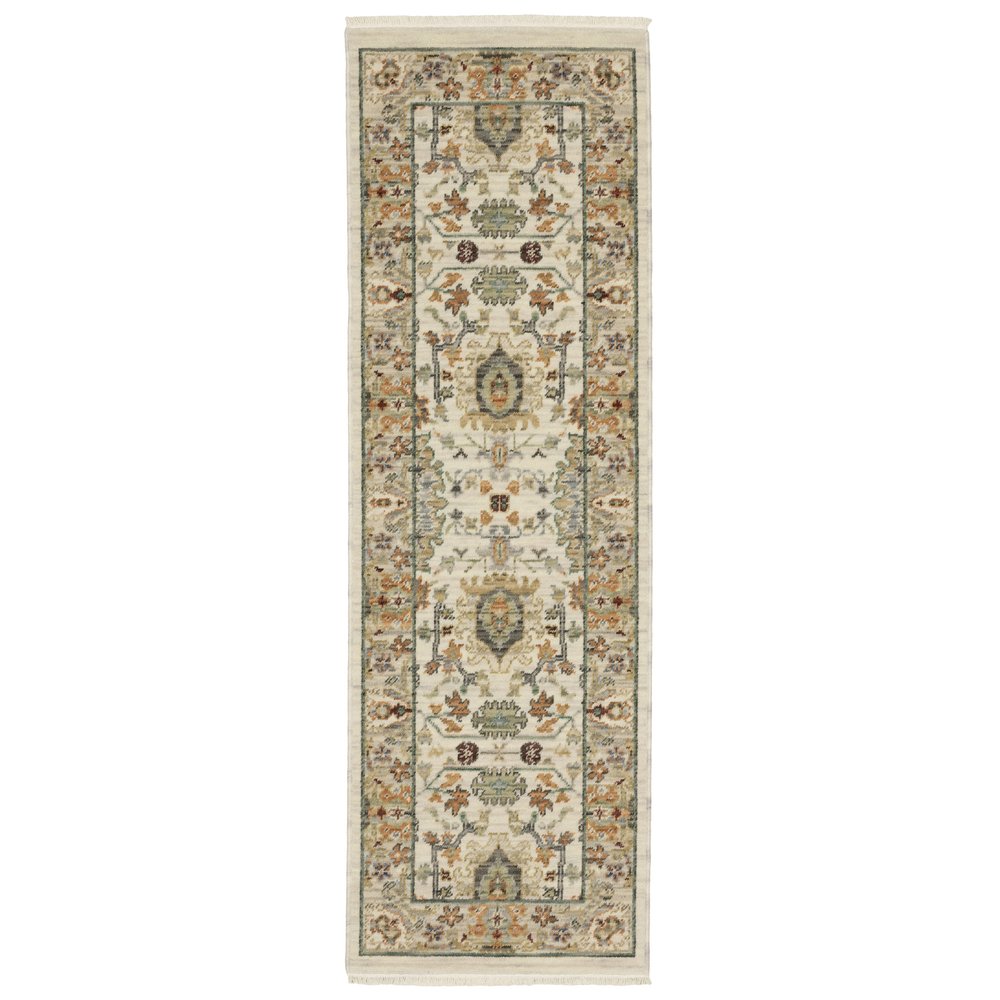 2' X 6' Ivory Grey Orange Green Blue And Red Oriental Power Loom Stain Resistant Runner Rug With Fringe