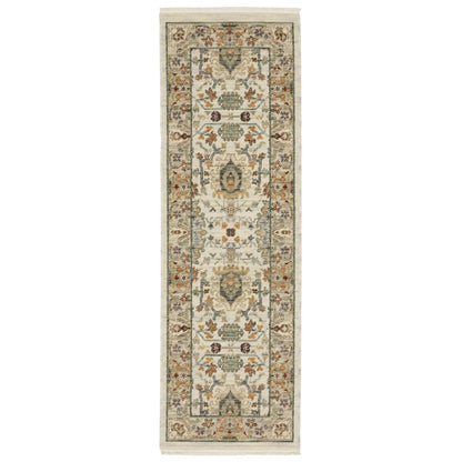 2' X 6' Ivory Grey Orange Green Blue And Red Oriental Power Loom Stain Resistant Runner Rug With Fringe