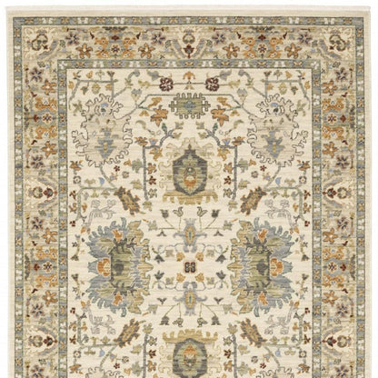 2' X 6' Ivory Grey Orange Green Blue And Red Oriental Power Loom Stain Resistant Runner Rug With Fringe