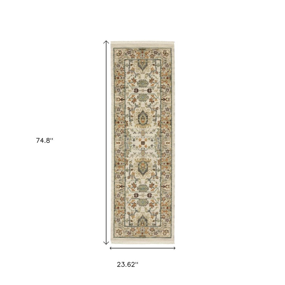 2' X 6' Ivory Grey Orange Green Blue And Red Oriental Power Loom Stain Resistant Runner Rug With Fringe
