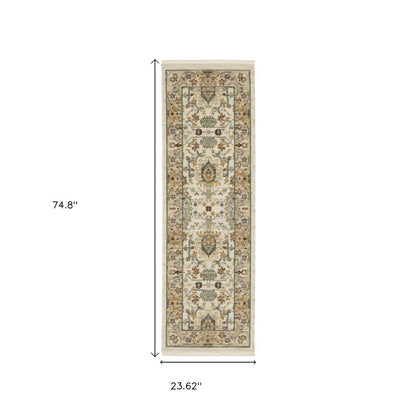 2' X 6' Ivory Grey Orange Green Blue And Red Oriental Power Loom Stain Resistant Runner Rug With Fringe