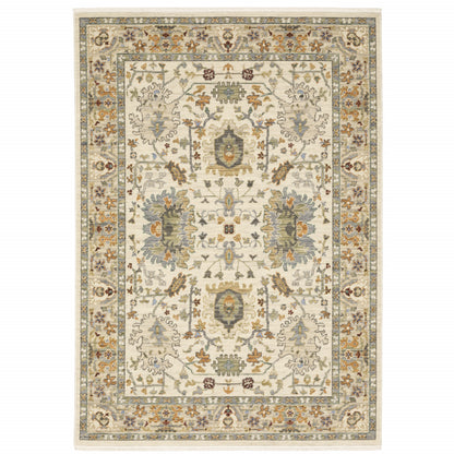 3' X 5' Ivory Grey Orange Green Blue And Red Oriental Power Loom Stain Resistant Area Rug With Fringe