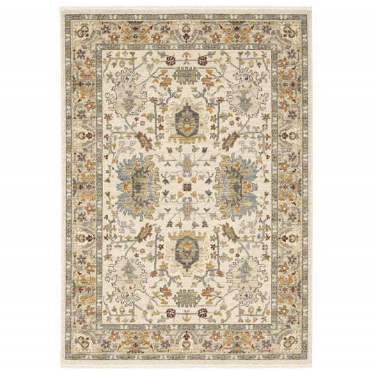 3' X 5' Ivory Grey Orange Green Blue And Red Oriental Power Loom Stain Resistant Area Rug With Fringe