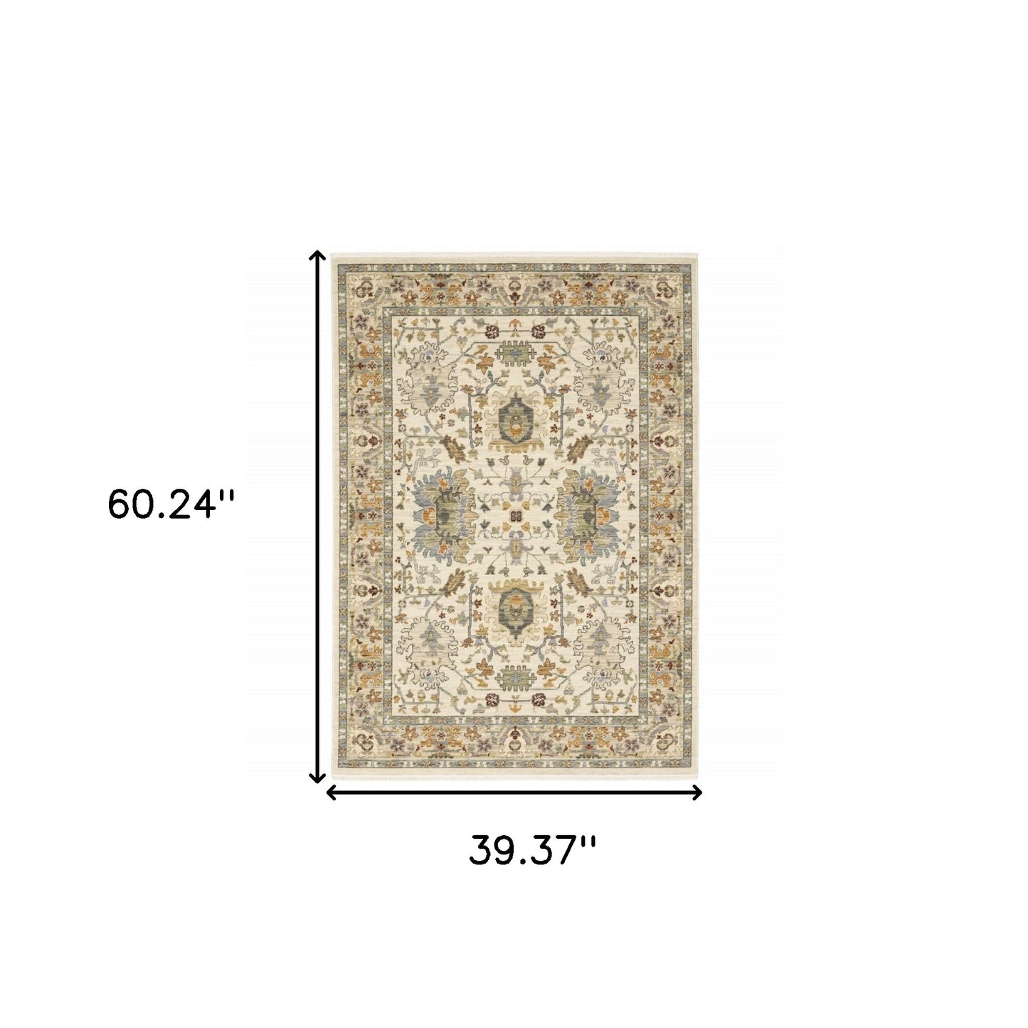 3' X 5' Ivory Grey Orange Green Blue And Red Oriental Power Loom Stain Resistant Area Rug With Fringe