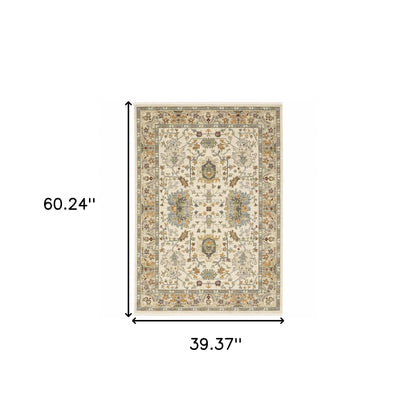 3' X 5' Ivory Grey Orange Green Blue And Red Oriental Power Loom Stain Resistant Area Rug With Fringe