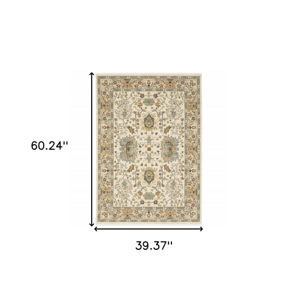3' X 5' Ivory Grey Orange Green Blue And Red Oriental Power Loom Stain Resistant Area Rug With Fringe