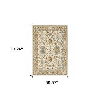 3' X 5' Ivory Grey Orange Green Blue And Red Oriental Power Loom Stain Resistant Area Rug With Fringe