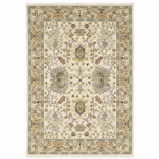 3' X 5' Ivory Grey Orange Green Blue And Red Oriental Power Loom Stain Resistant Area Rug With Fringe
