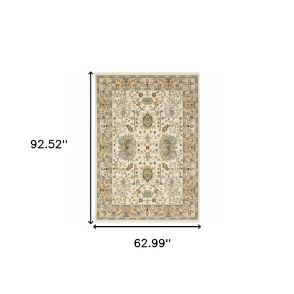 5' X 8' Brown And Ivory Oriental Power Loom Stain Resistant Area Rug With Fringe