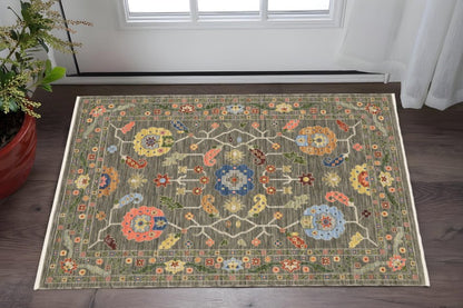 2' X 3' Grey Blue Pink Orange Rust Red Green And Ivory Oriental Power Loom Stain Resistant Area Rug With Fringe