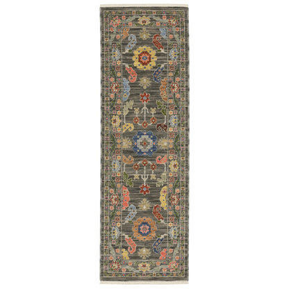 2' X 6' Grey Blue Pink Orange Rust Red Green And Ivory Oriental Power Loom Stain Resistant Runner Rug With Fringe