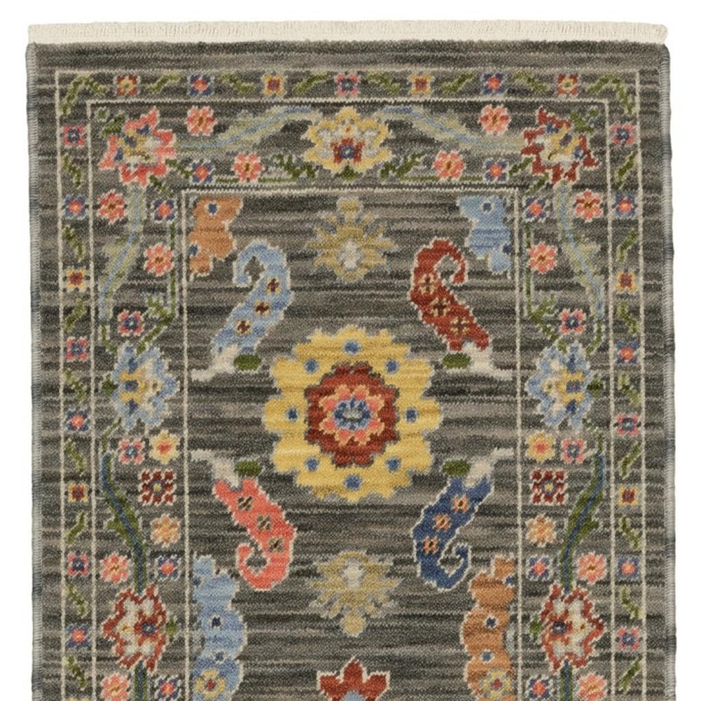 2' X 6' Grey Blue Pink Orange Rust Red Green And Ivory Oriental Power Loom Stain Resistant Runner Rug With Fringe