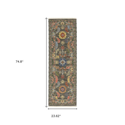 2' X 6' Grey Blue Pink Orange Rust Red Green And Ivory Oriental Power Loom Stain Resistant Runner Rug With Fringe