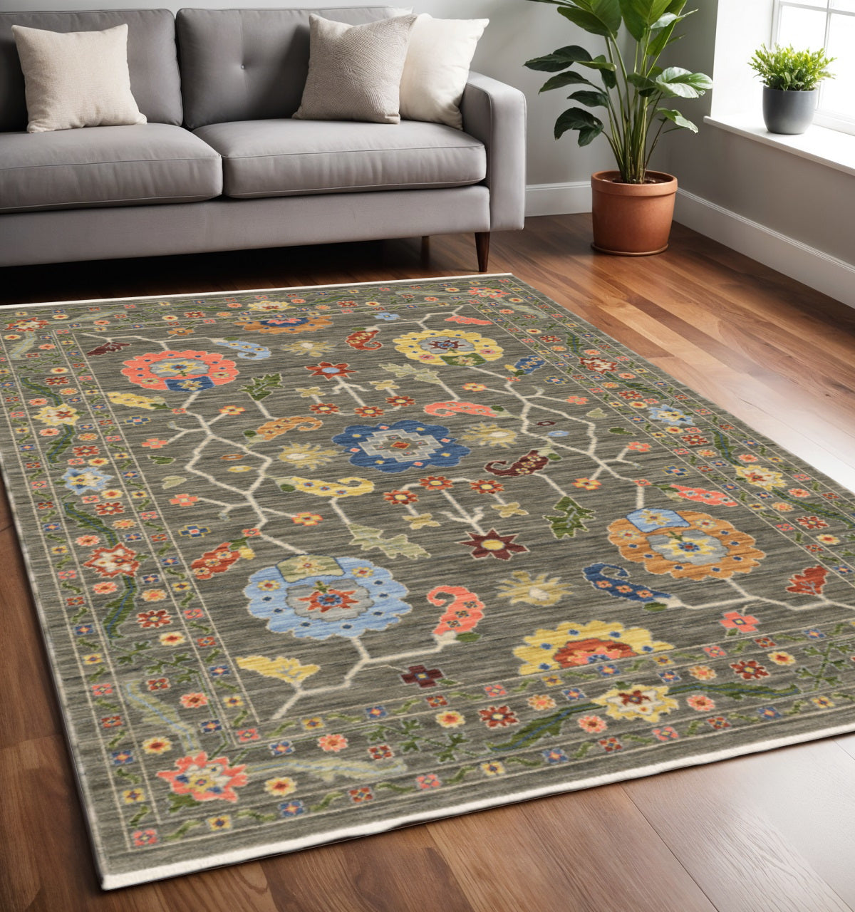 5' X 8' Blue and Gray Oriental Power Loom Area Rug With Fringe