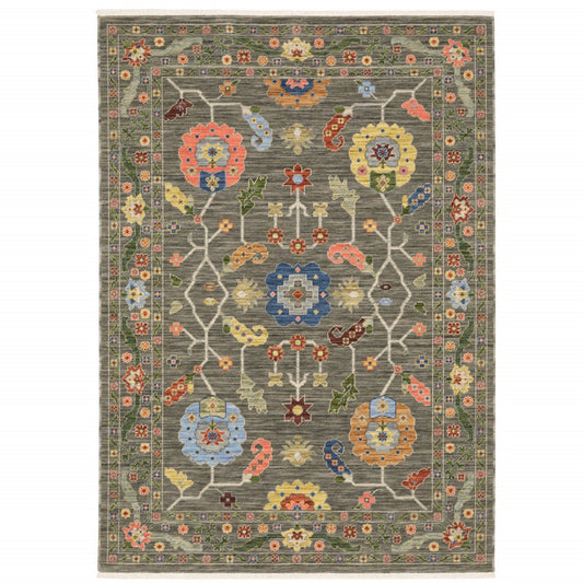 5' X 8' Gray Blue And Red Oriental Area Rug With Fringe