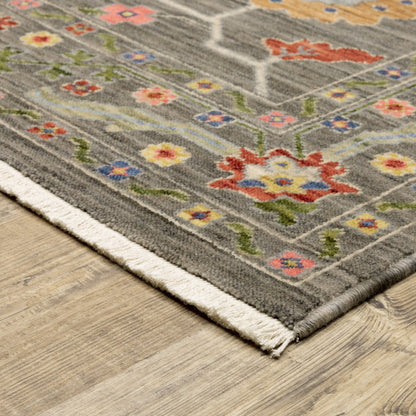 5' X 8' Gray Blue And Red Oriental Area Rug With Fringe