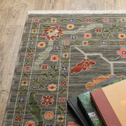 5' X 8' Gray Blue And Red Oriental Area Rug With Fringe