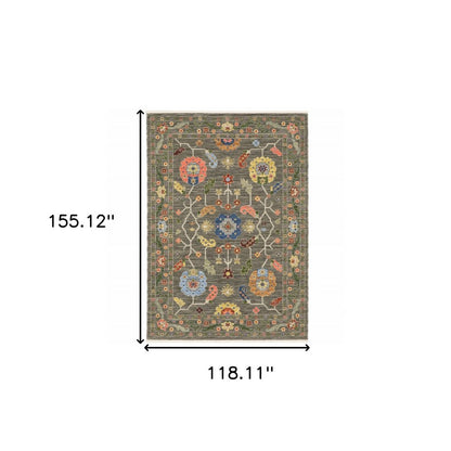10' X 13' Gray Blue And Red Oriental Area Rug With Fringe