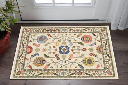 2' X 3' Ivory Green And Red Oriental Area Rug With Fringe