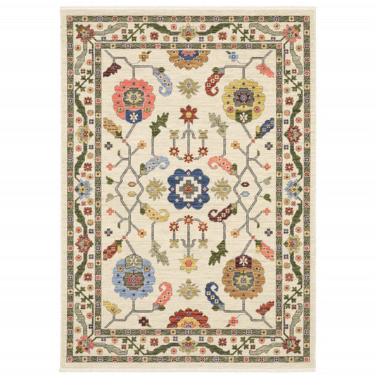 2' X 3' Ivory Green And Red Oriental Area Rug With Fringe