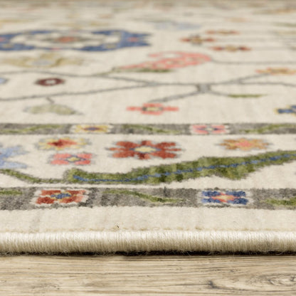 2' X 3' Ivory Green And Red Oriental Area Rug With Fringe