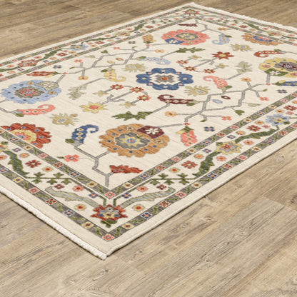 2' X 3' Ivory Green And Red Oriental Area Rug With Fringe
