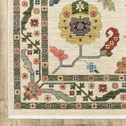 2' X 3' Ivory Green And Red Oriental Area Rug With Fringe