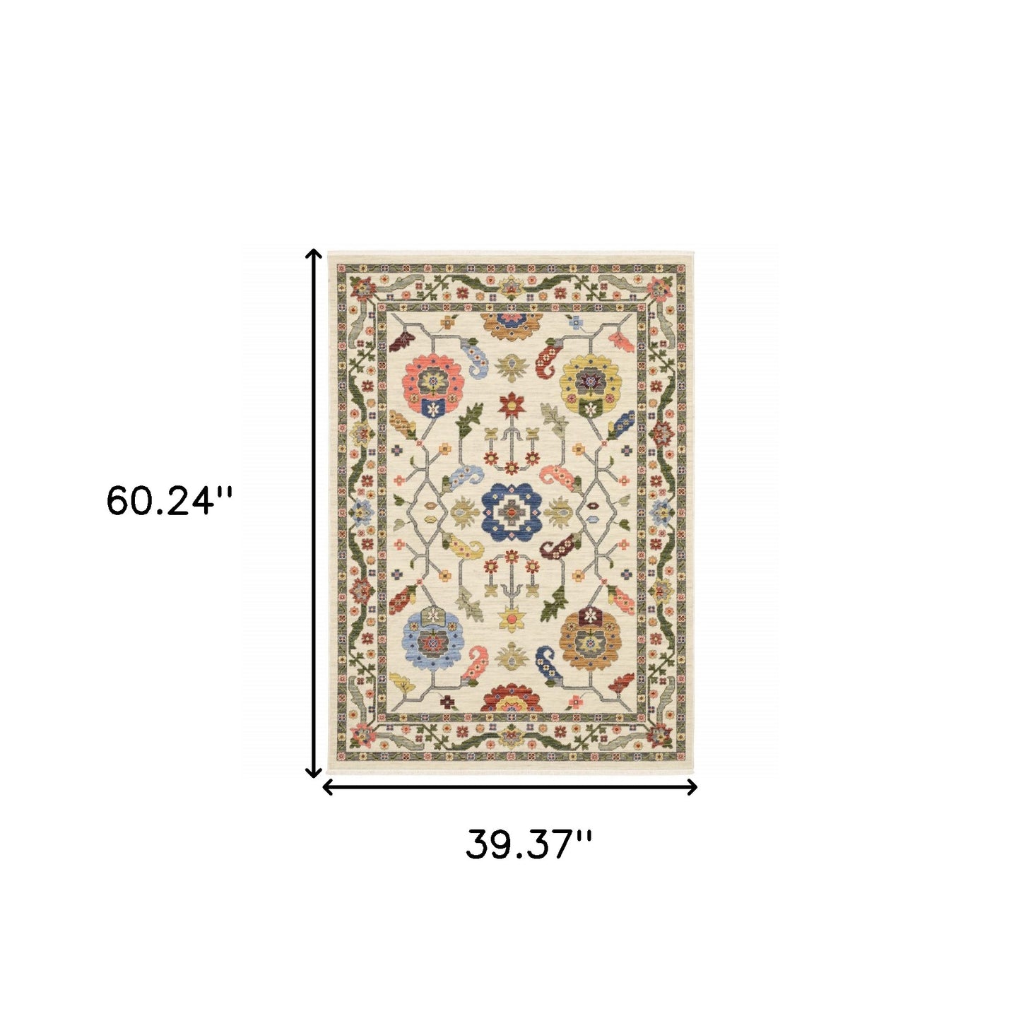 3' X 5' Ivory Green Blues Pink Yellow Rust Brown Tan And Grey Oriental Power Loom Stain Resistant Area Rug With Fringe