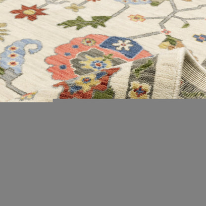 3' X 5' Ivory Green Blues Pink Yellow Rust Brown Tan And Grey Oriental Power Loom Stain Resistant Area Rug With Fringe