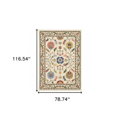 6' X 9' Ivory Green Blues Pink Yellow Rust Brown Tan And Grey Oriental Power Loom Stain Resistant Area Rug With Fringe